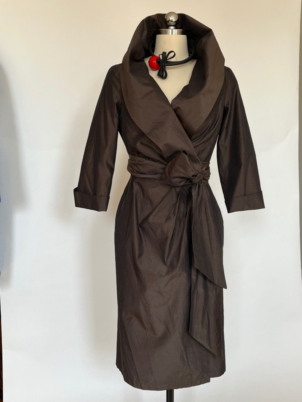 Max Mara brown wrap dress made from structured taffeta.